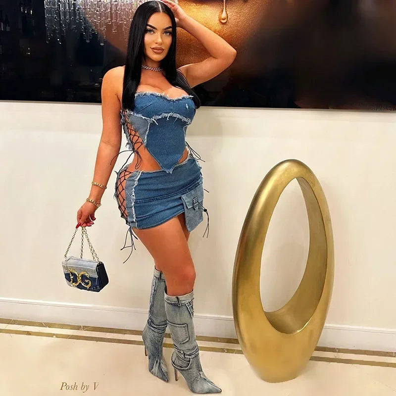 Sexy Denim Halter Lace-Up Crop Top and Mini Skirt Set Women Night Club Festival Y2K Inspired Two-Piece Outfit
