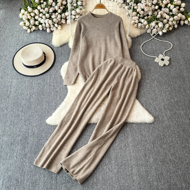 Autumn Winter Womens Knitted Tracksuit Set Two Piece With O Neck Sweater And Straight Leg Jogging Pants