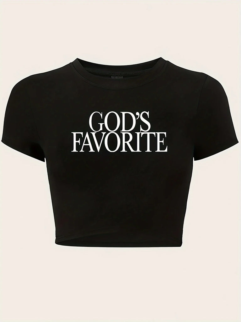 GOD FAVORITE Print Y2K Crop Top T-Shirt for Women Short Sleeve Crew Neck Fashion Tee