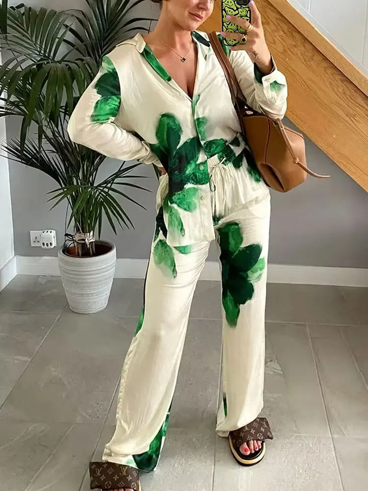 Floral Print Two-Piece Women's Outfit Lapel Blouse and Wide-Leg Pants