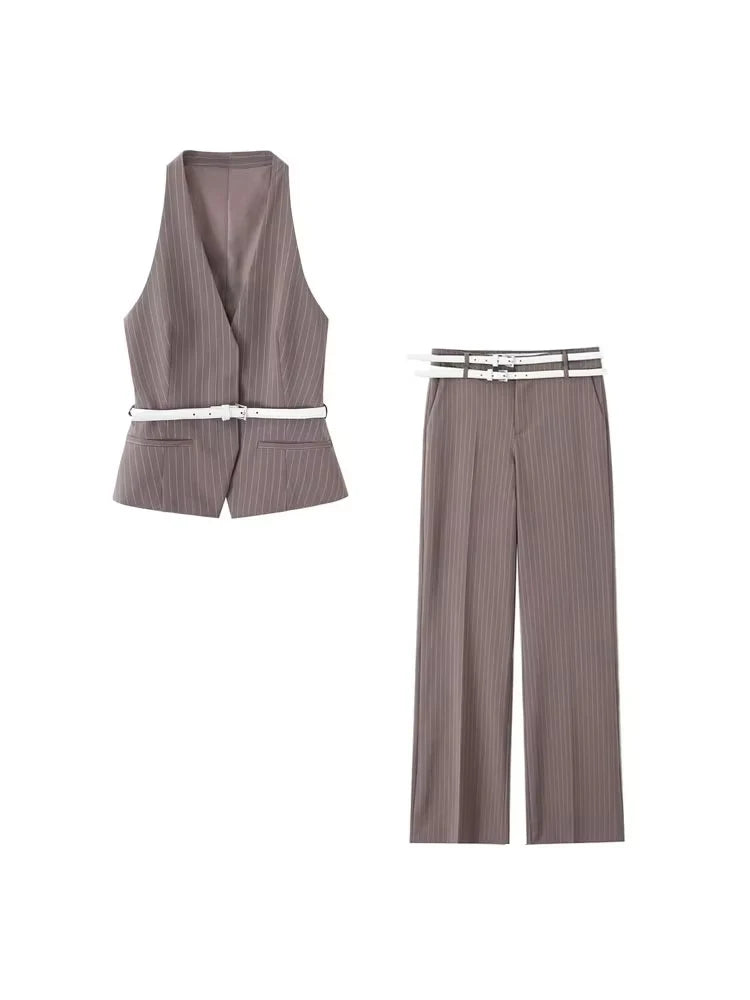 Stylish Women's Fashion Striped Two-Piece Set with Belted Waistcoat Top and Low Waist Pocketed Pants for chic looks.