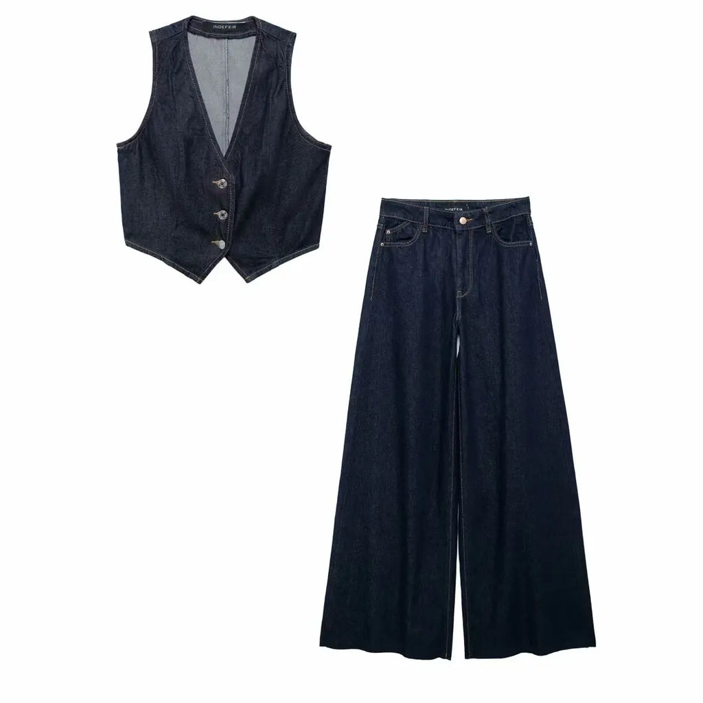 Stylish Denim V-Neck Collarless Vest Outfit with Long Pants for Women in Autumn, perfect for casual outings.