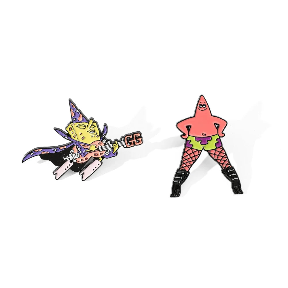 Fun 2 Pcs Cartoon Patrick Star Enamel Pin Brooch Set - Funny Anime Metal Badge for Backpack and Clothing Accessories.