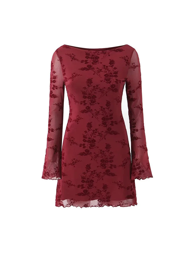 Retro Flocked Print High Waist Long Sleeve Dress Slim Fit