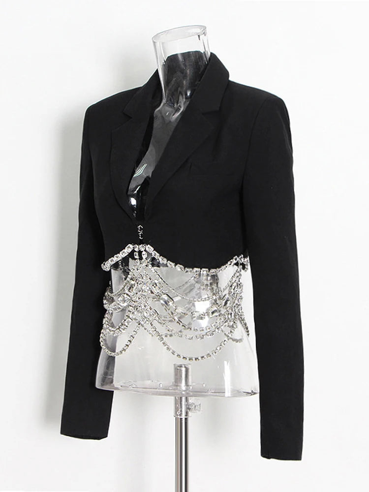 Black Blazer For Women Notched Collar Spliced Diamonds