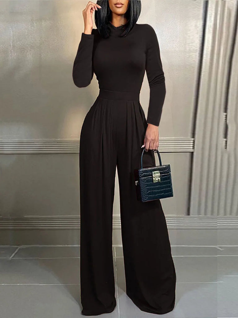 Elevate your style with the Women's Elegant Stand Collar Long Sleeve Bodysuit Jumpsuit featuring a chic waist zipper design.