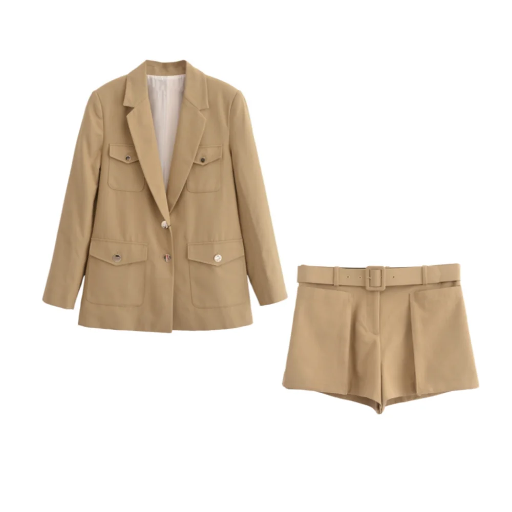 Stylish Women’s Versatile Commuting Suit Set with Belted Coat and Decorative Pocket Shorts, perfect for modern elegance.