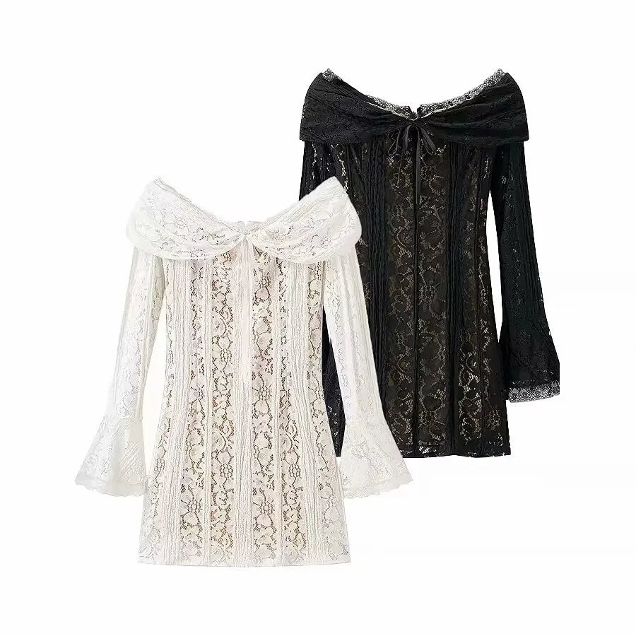 One Shoulder Lace Up Mini Dress With Bell Sleeves High Waist