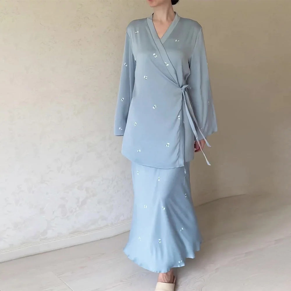 Satin Printed Blouse And Skirt Set For Women V Neck