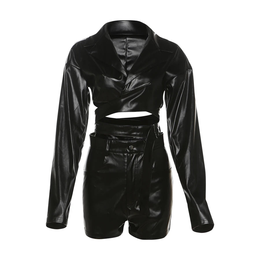PU Leather Crop Top And Shorts Set For Women Streetwear