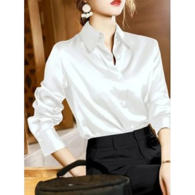 Elevate your style with the Elegant Satin Long Sleeve Women’s Shirt Slim Fit Casual Office Blouse Stylish Autumn Top.