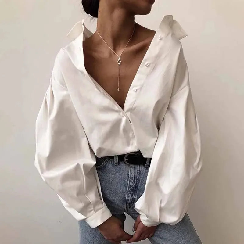 Stylish Lantern Sleeve Elegant Blouse with Button Front Turn Down Collar Casual Office Shirt for Women in White and Black.