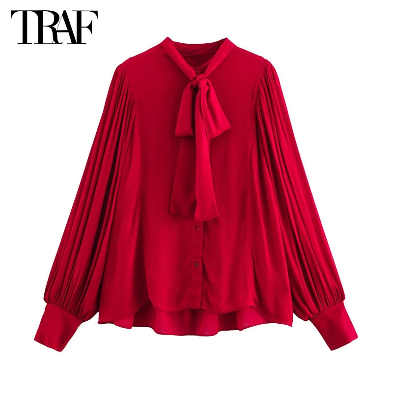 Chic TRAF Red Bow Pleated Semi Sheer Womens Blouse, an elegant spring top with button-up style for modern wardrobes.