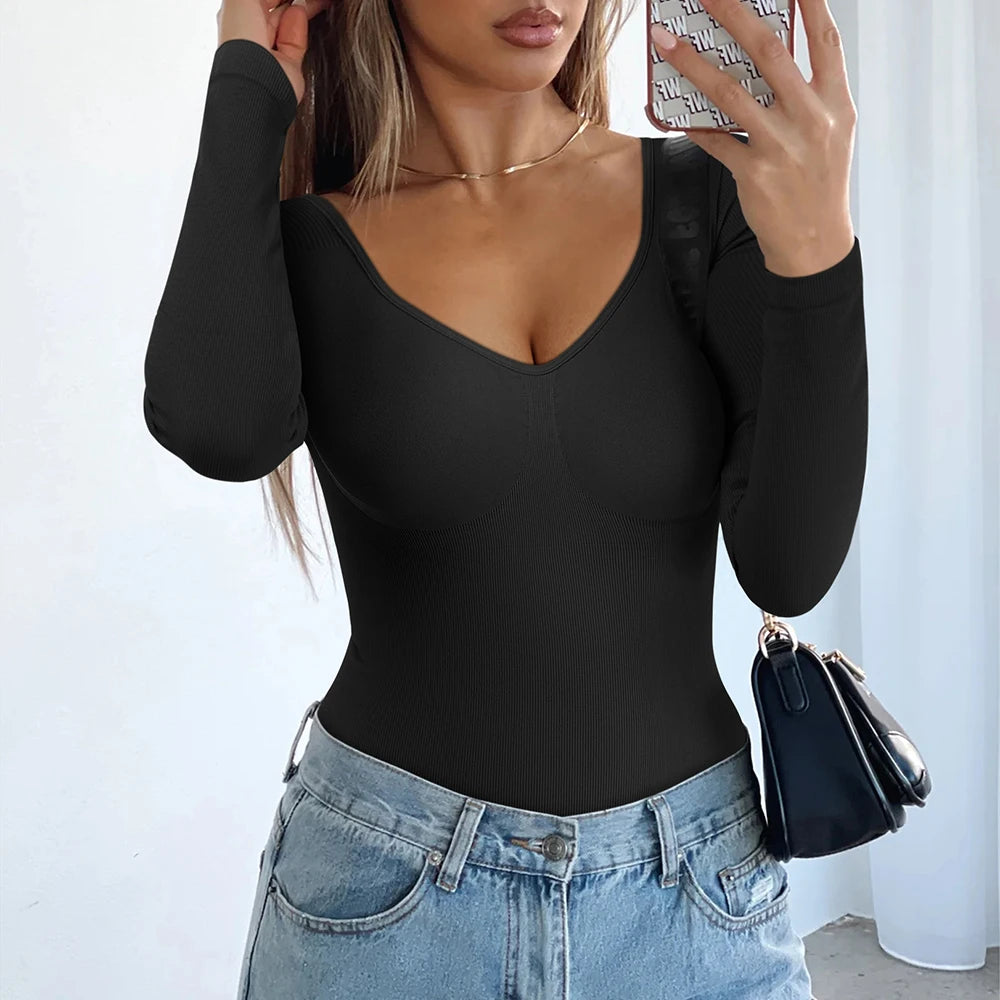 Sleek and stylish, the Sexy Long Sleeve Bodysuit for Women Skinny Bodycon V-Neck Push Up Romper is perfect for streetwear.