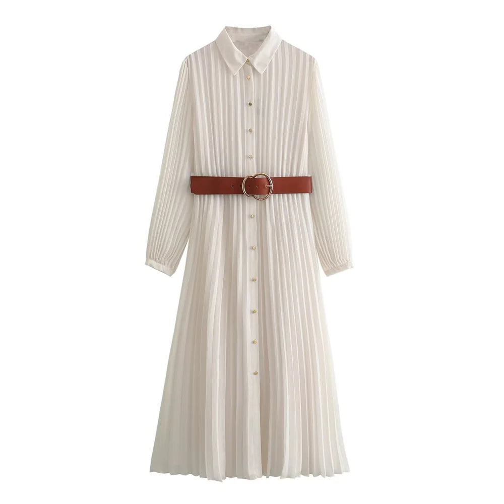 Women's Pleated Midi Dress Belted Slimming Long Sleeve