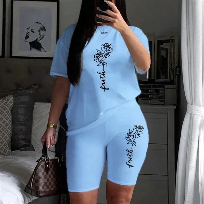Stylish Women’s Casual Two Piece Tracksuit Set Short Sleeve O-Neck T-Shirt and Matching Shorts Summer Outfit for comfort.
