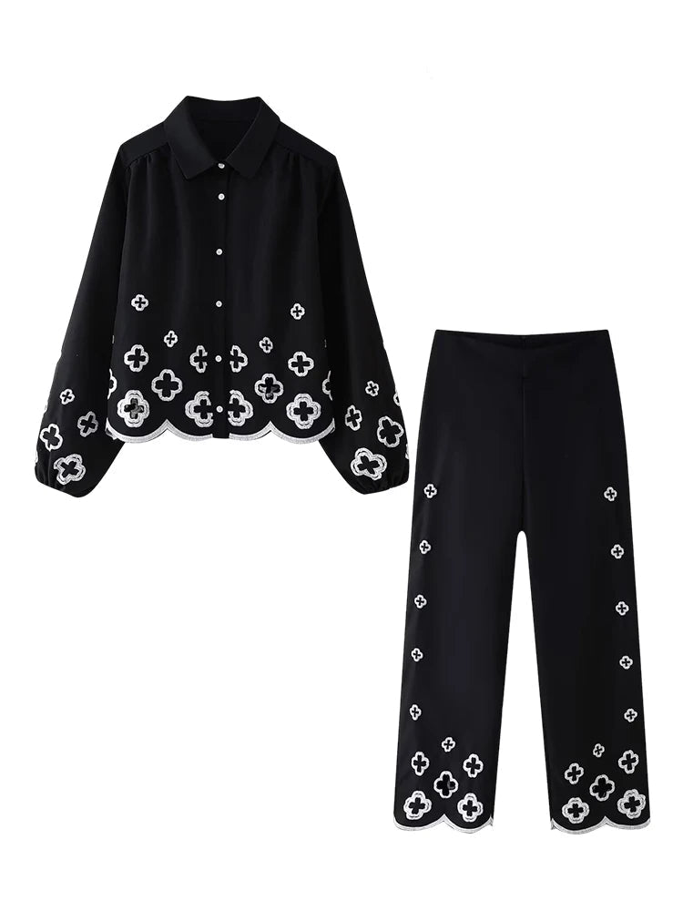 Stylish Floral Print Long Sleeve Shirt and High Waisted Trousers Fashion Set for elegant, contemporary outfits.