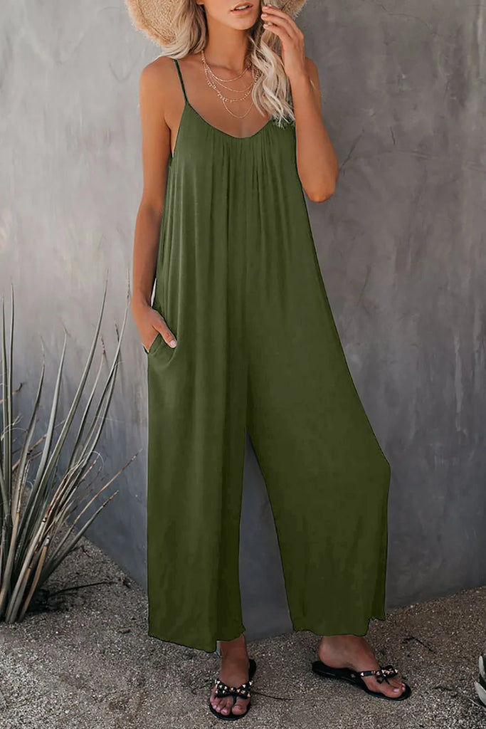 Stylish Women’s Summer Strap Jumpsuit with Solid Color Design and Convenient Side Pockets Casual Lightweight Romper.