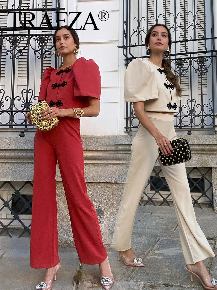 Stylish Women Summer Casual Pants Suit with Puff Sleeve Shirt and Elegant Long Pants Matching Set by TRAFEZA for warm days.
