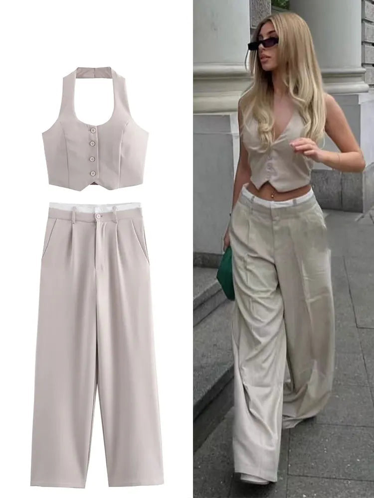 Halter Neck Solid Two Piece Set for Women with High Waist Long Pants and Stylish Vest Top, perfect for chic office wear.