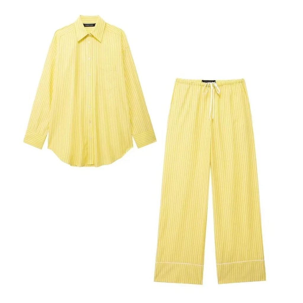 Stylish Women's Yellow Striped High Waist Drawstring Casual Trousers Cozy Loose Long Pants for a trendy summer look.