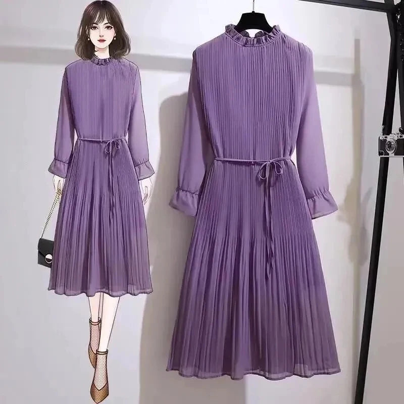Purple Ruffled Collar Pleated Chiffon Dress For Women