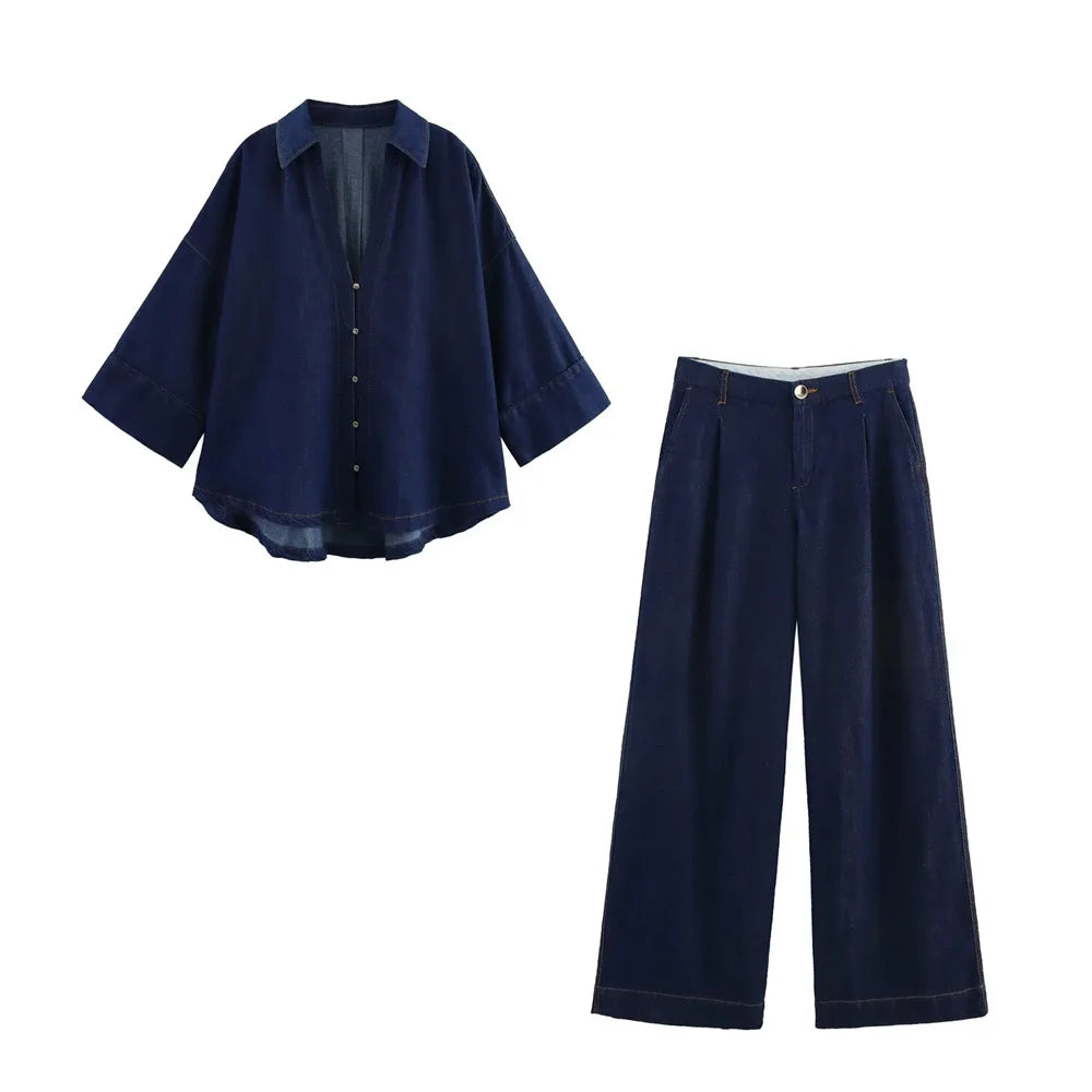 Women’s Casual Denim Set Loose Fit Button Down Shirt with Wide Leg Pants Stylish Two-Piece Outfit for Everyday Wear by UNIZERA.