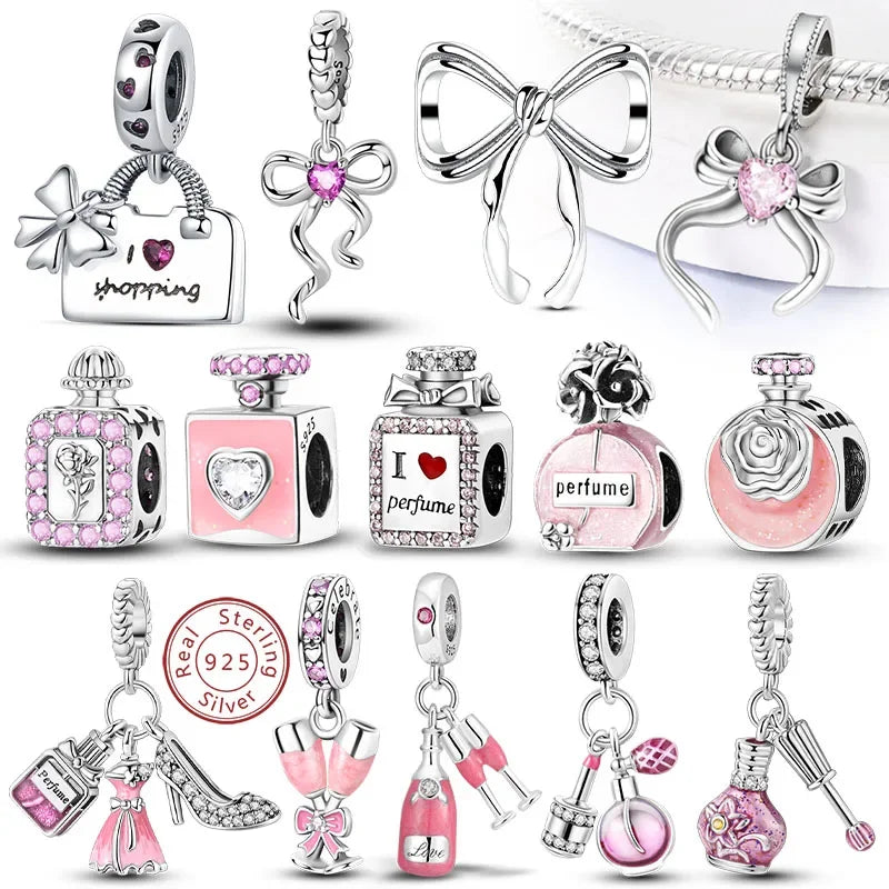 Exquisite Fit 925 Sterling Silver Bow Perfume Bottle Pink Charms Beads for Women DIY Jewelry Gifts, perfect for stylish accessories.