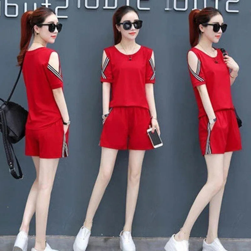 Korean Style Womens Casual Tracksuit 2 Piece Set Crop Top And Shorts