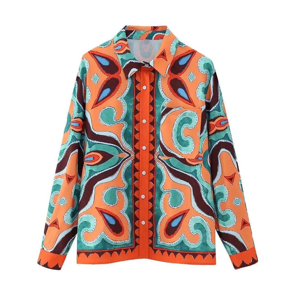 GDSTUFF Women Vintage Long Sleeve Blouse with Abstract Print Casual Shirt Top, showcasing vibrant colors and artistic design.