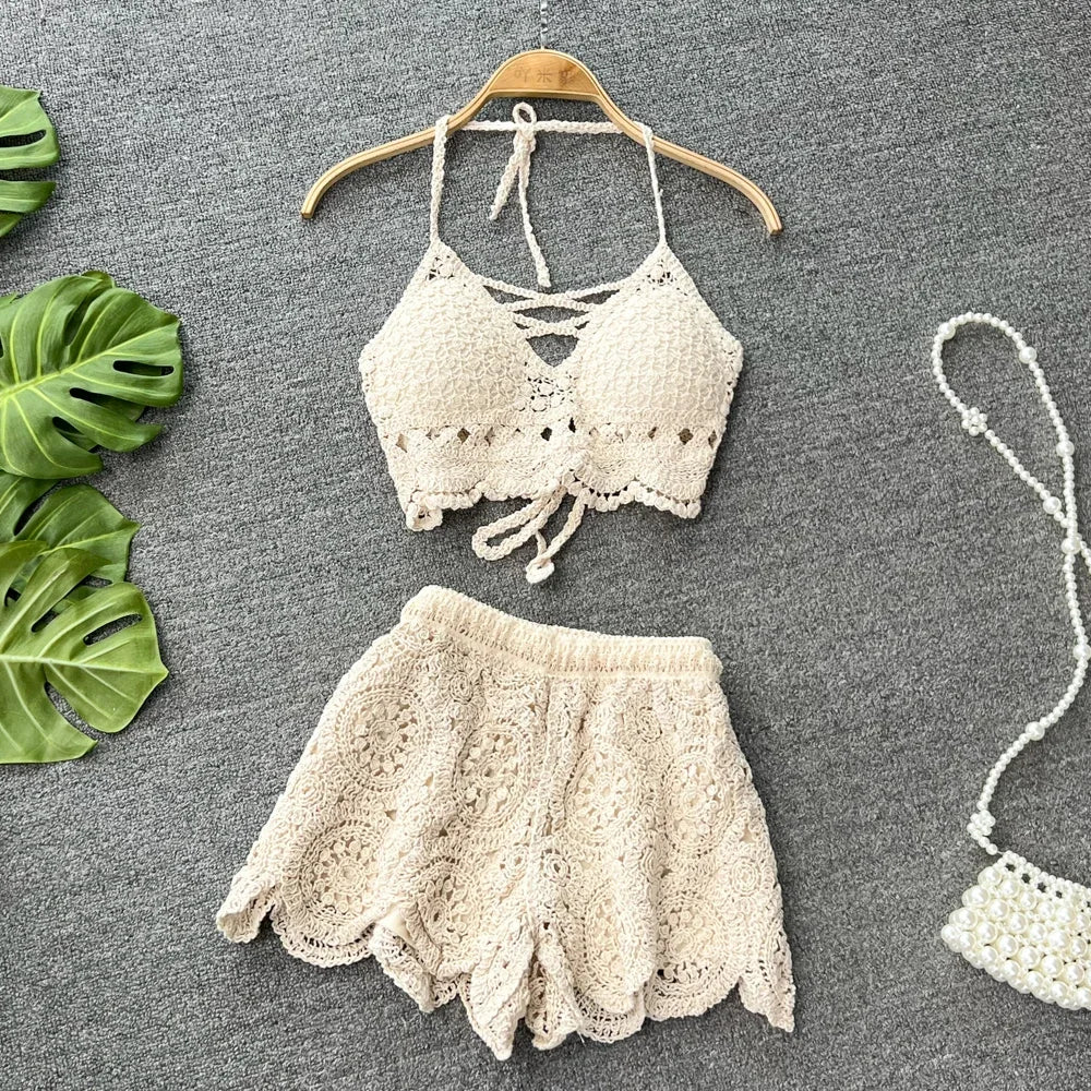 Retro Crochet Hollow Knit Suspender Top and Shorts Set for Women Summer Beach Holiday, perfect for chic warm-weather outings.