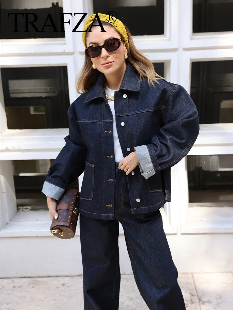 Women’s Casual Denim Set Long Sleeve Jacket with Solid Pocket Baggy Loose Fit Pants Streetwear Two-Piece Outfit