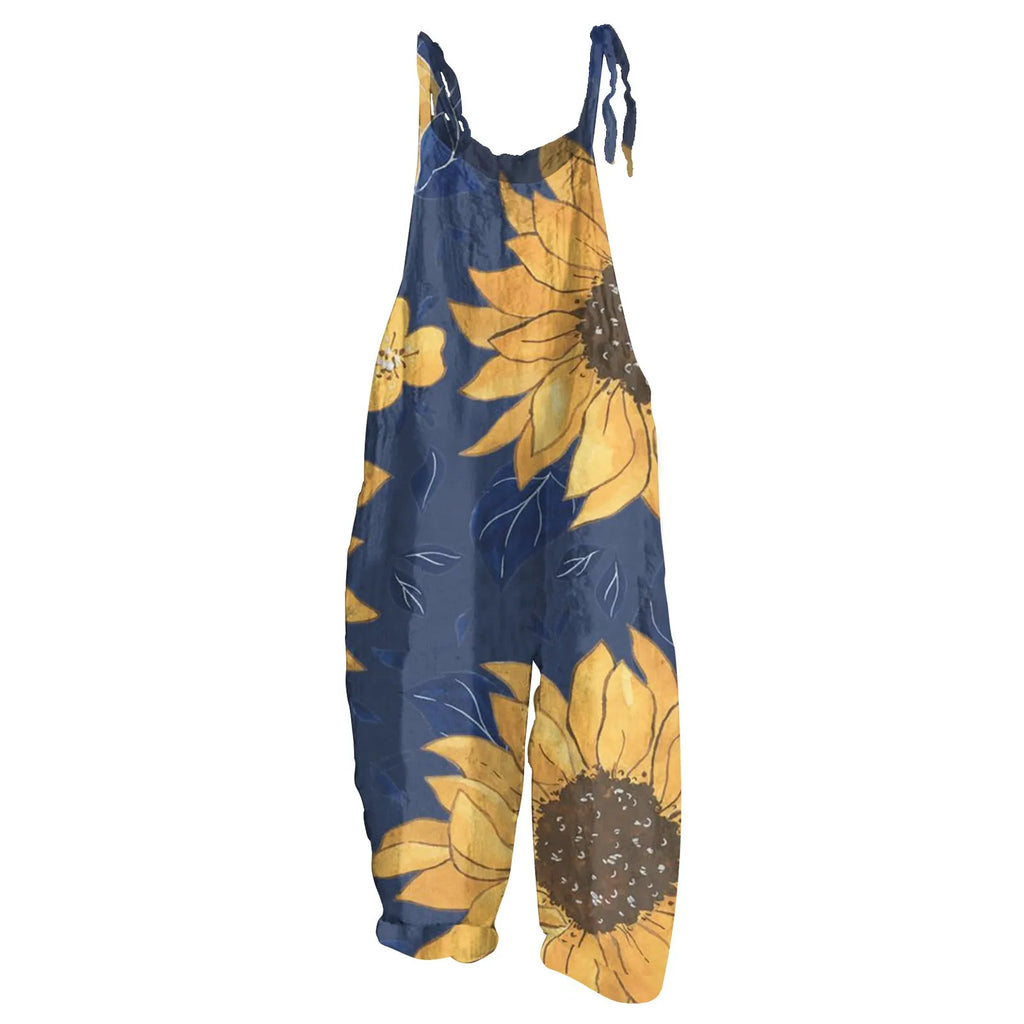 Sunflower Print Slim Fit Cotton Linen Overalls for women, casual loose jumpsuit with adjustable straps for stylish comfort.