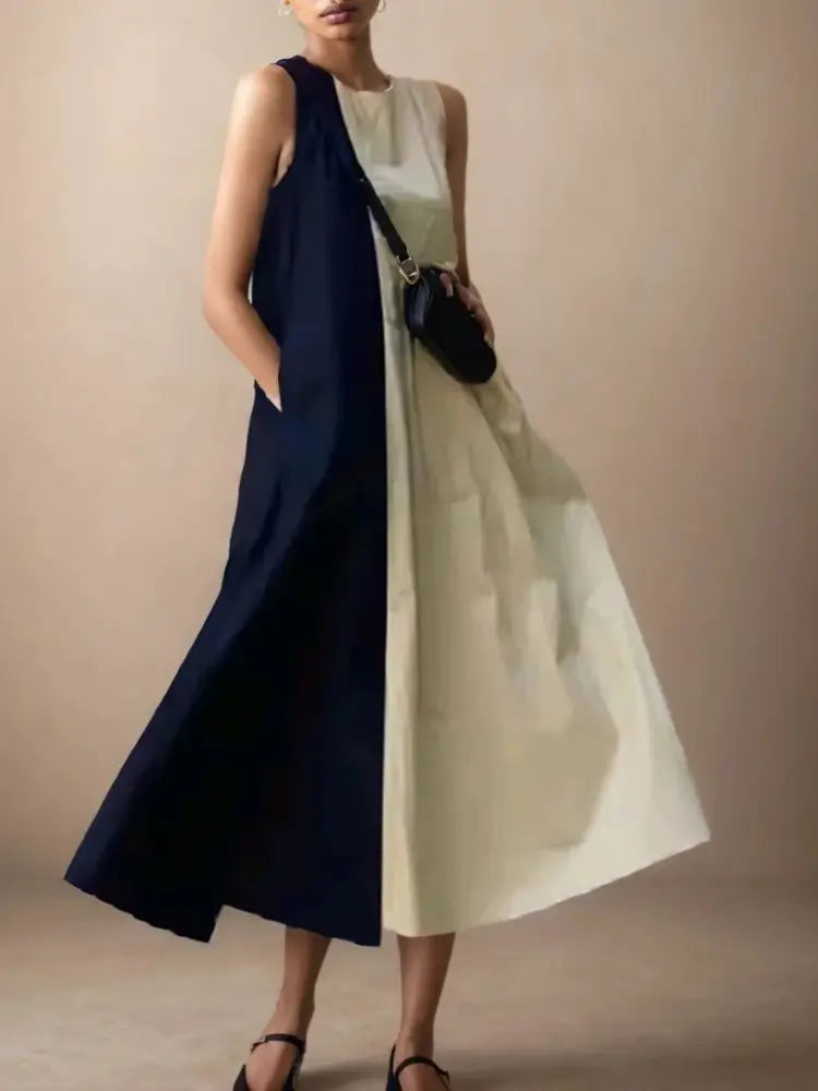 Women's Colorblock Sleeveless Midi Sundress With Pockets