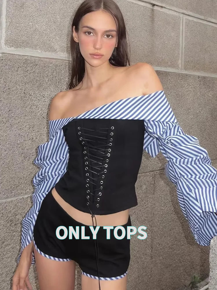 Off Shoulder Lace Up Backless Crop Top Stripe Patchwork