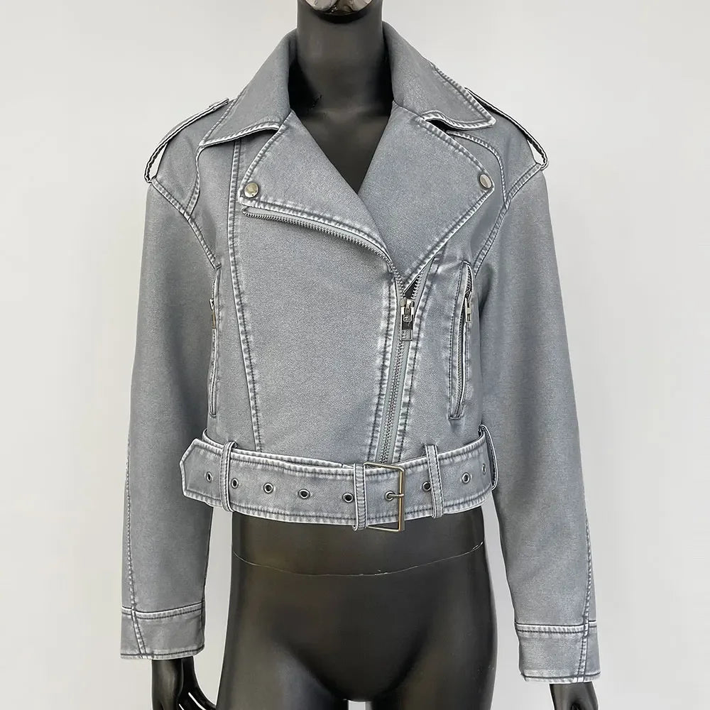 Women Faux Leather Moto Jacket Belted PU Zipper Streetwear