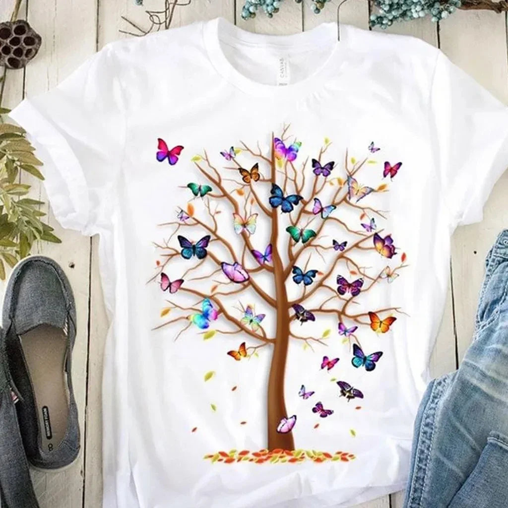 Women's Butterfly Tree Print Harajuku T Shirt Round Neck Short Sleeve Casual Summer Tee - NIICY