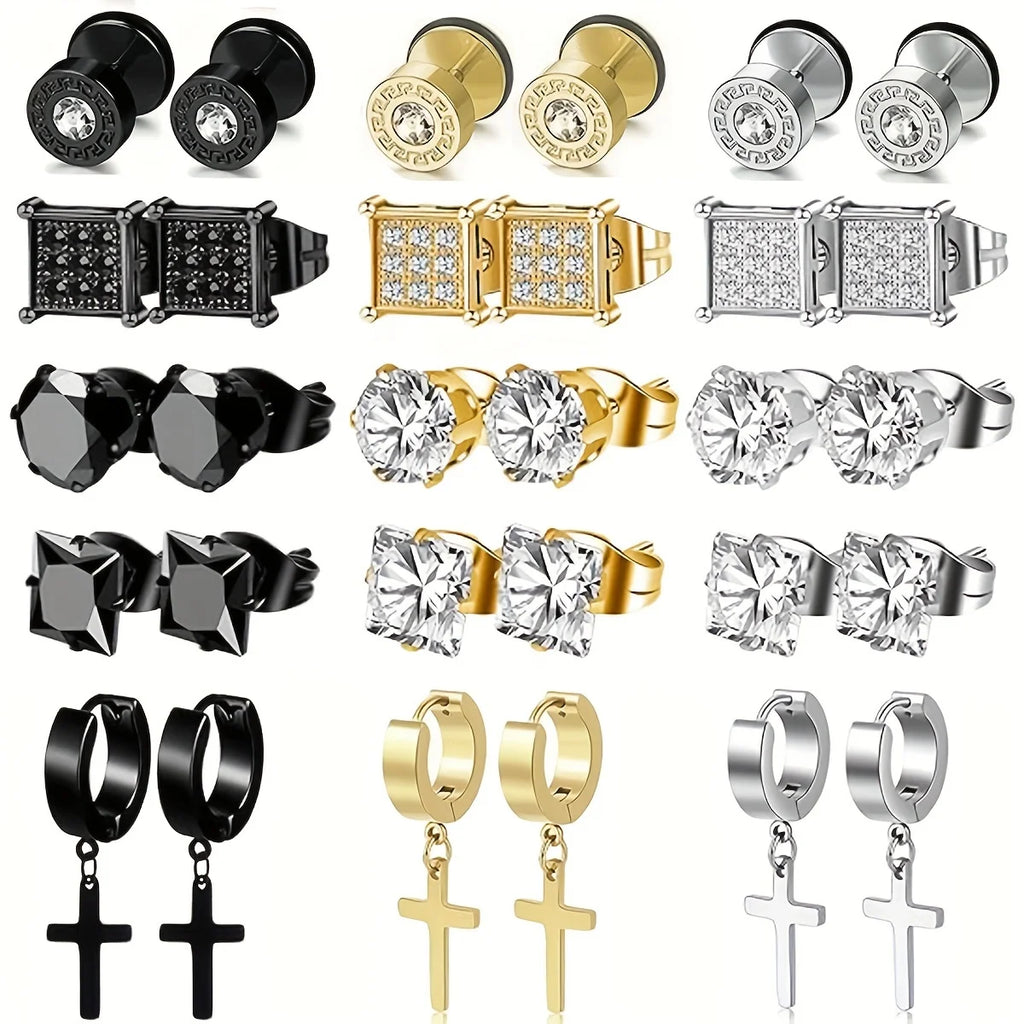 Stylish 15 Pairs Stainless Steel Cross Dangle Earrings and Cubic Zirconia Stud Earrings for Men, perfect for any occasion.