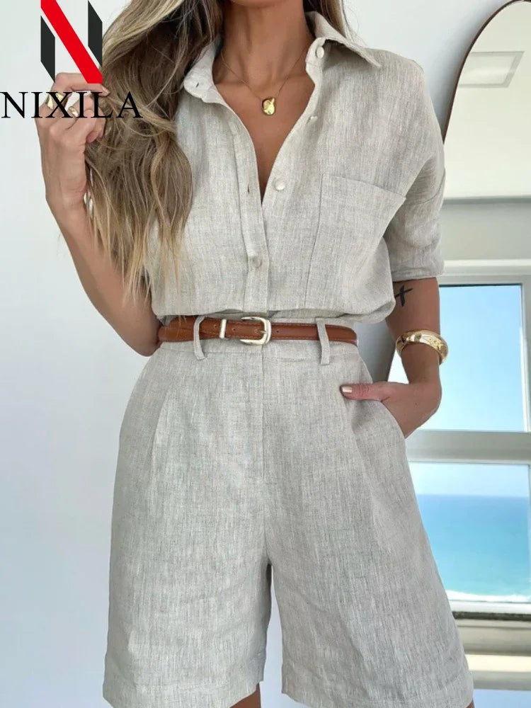 Stylish Summer Women’s Two Piece Set Casual Long Sleeve Shirt and Belted Shorts Outfit by NIXILA for everyday wear.