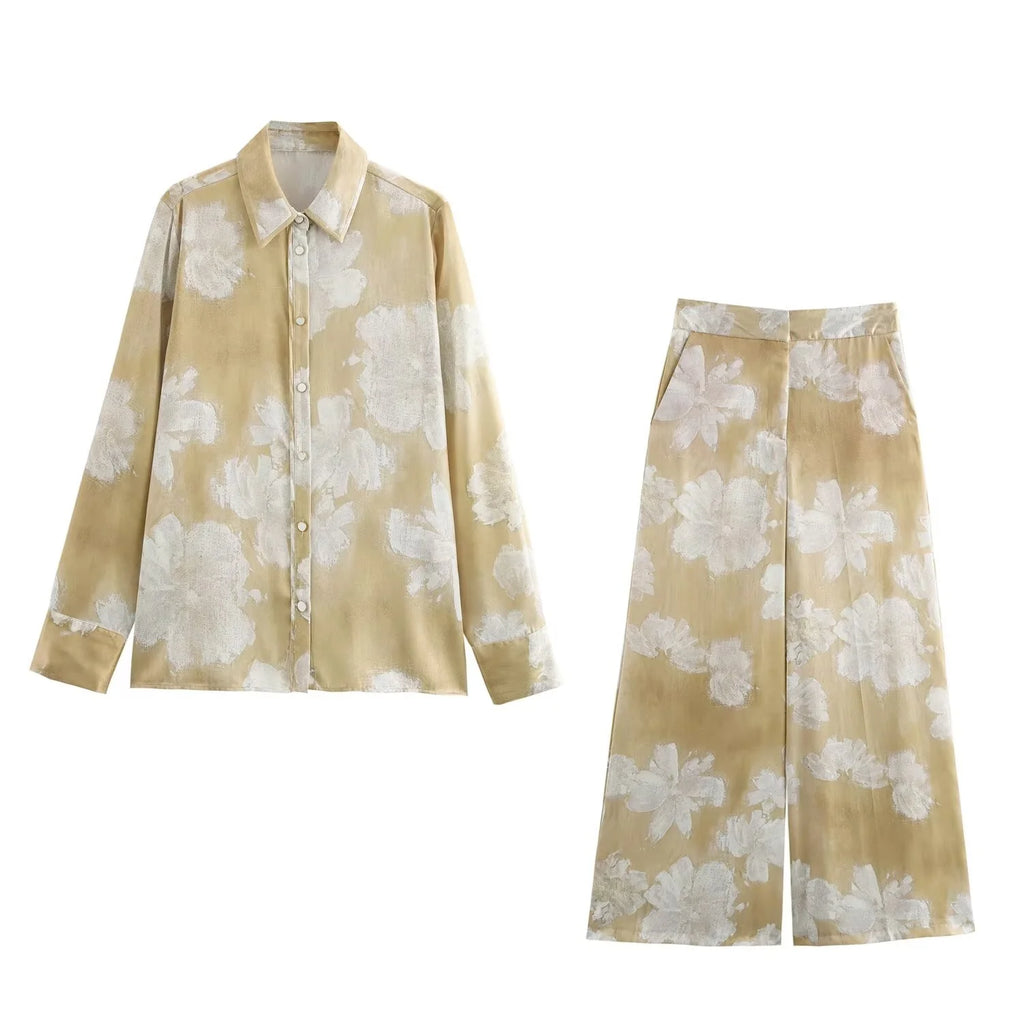 Silk Satin Flower Print Long Sleeve Shirt and Pants Set for Women, perfect for autumn elegance and comfort.