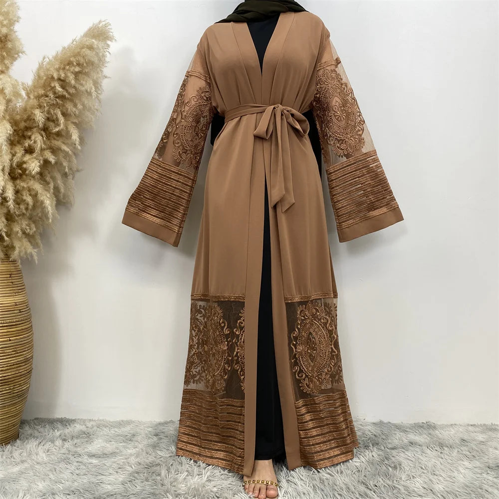 Ramadan Abaya With Gold Rhinestones For Women Kaftan Islamic Dress