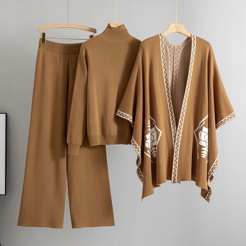 Cozy 3-Piece Knit Sweater Set For Women With Shawl And Wide-Leg Trousers For Elegant Winter Style