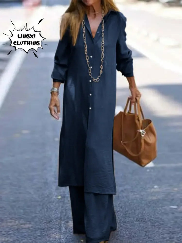 Women's Solid Color Long Robe Two Piece Loungewear Set With Wide Leg Pants