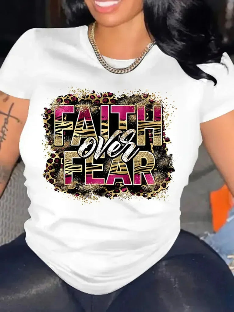 Plus Size Casual Letter Print Crew Neck T-Shirt for Women, Comfortable Short Sleeve Top for Spring and Summer Fashion