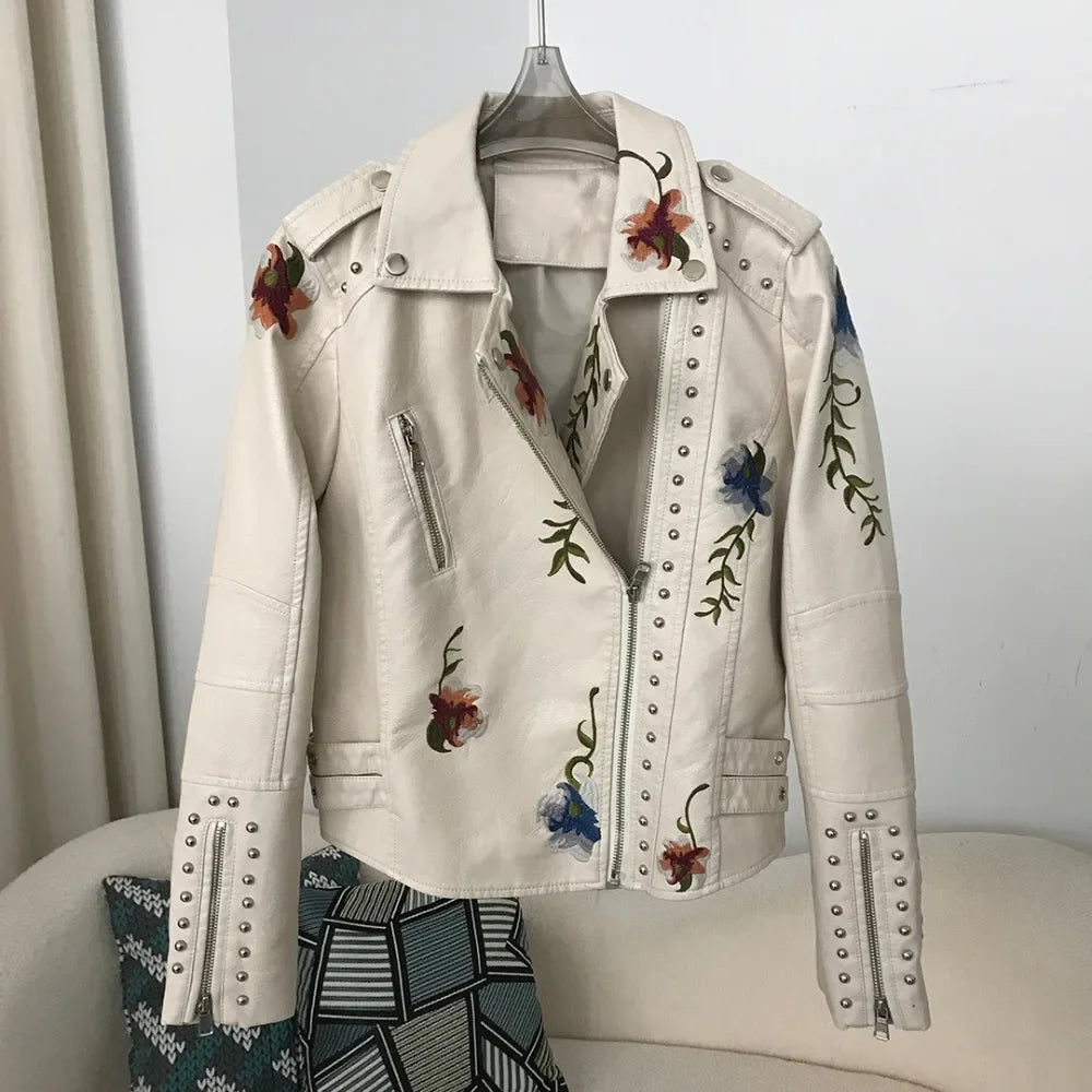 Womens PU Leather Biker Jacket Embroidered Rivet Moto