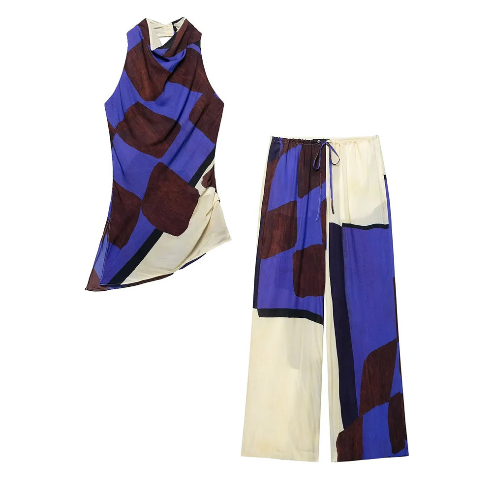 Stylish Women's Fashion Printed High Waist Pants Set with Irregular Backless Top and Chic Hanging Collar for any occasion.