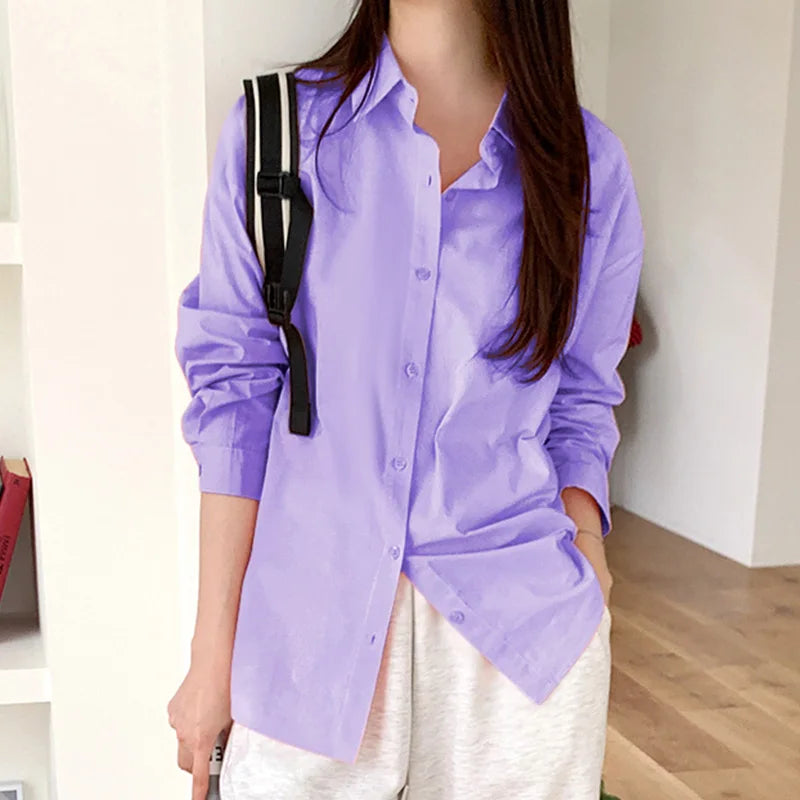 Women’s Casual Loose Fit Long Sleeve Lapel Shirt 100 Percent Cotton Pure Color Versatile Layering Top for Spring and Autumn, styled casually.
