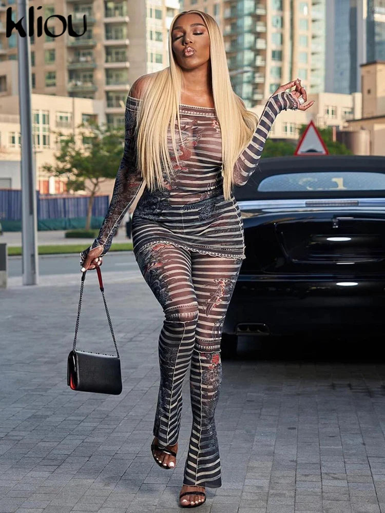 Stylish casual outfit featuring the Mesh Trend Print Two-Piece Set for Women with a hipster slash neck and slim fit pants.