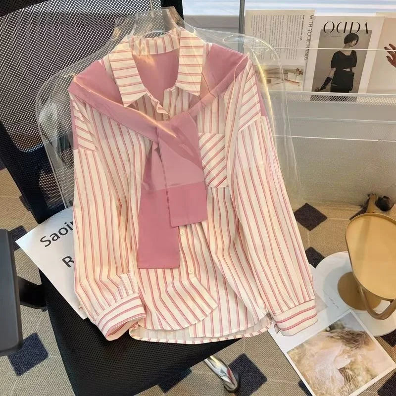 Chic Sweet Stripe Print Long Sleeve Shirt with Layered Two-Piece Design Elegant Chic Blouse for Women, perfect for spring.