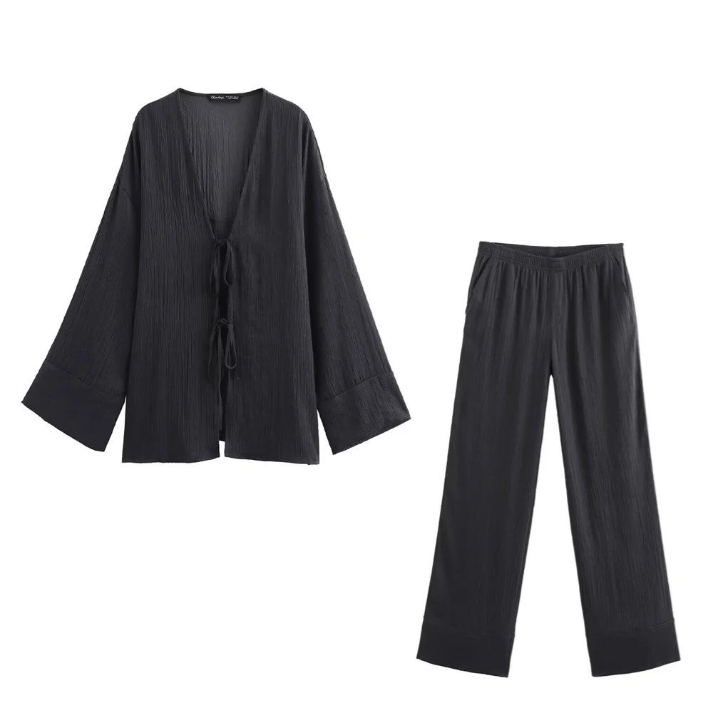 Discover the Elegant Kimono Style Women's Long Sleeve V Neck Shirt Jacket and Matching Long Pants Set with Textured Fabric.